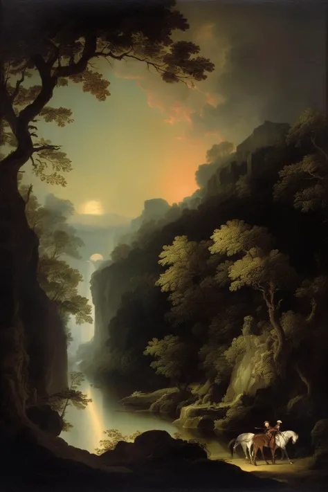 Joseph Wright Of Derby Style - This painting is a powerful example of Romanticism, with its emphasis on emotion, imagination, and the sublime. The subject is a scene of natural beauty, rendered with a sense of awe and wonder that is characteristic of the style. The composition is filled with dramatic contrasts of light and dark, creating a sense of depth and mystery. The colors are rich and vibrant, with a sense of intensity and passion that reflects the emotional intensity of the era. The overall effect is one of overwhelming beauty, a celebration of the power and majesty of nature