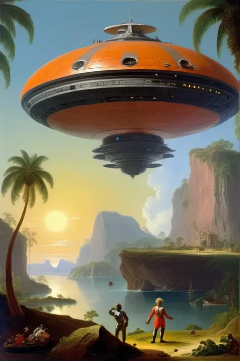 , <lora:Joseph Wright Of Derby Style:1> Joseph Wright Of Derby Style, huge square spaceship landing on top of (paradise island:1.3),sunny day,
space opera,
space opera,