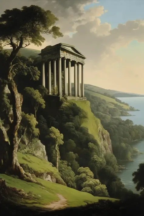 Joseph Wright Of Derby Style - 8k, stourhead, rolling green hills arcadian landscape with dark lush planting on the sides leading up to a seaside crumbling overgrown greek temple landscape folly tower on a rocky cliff