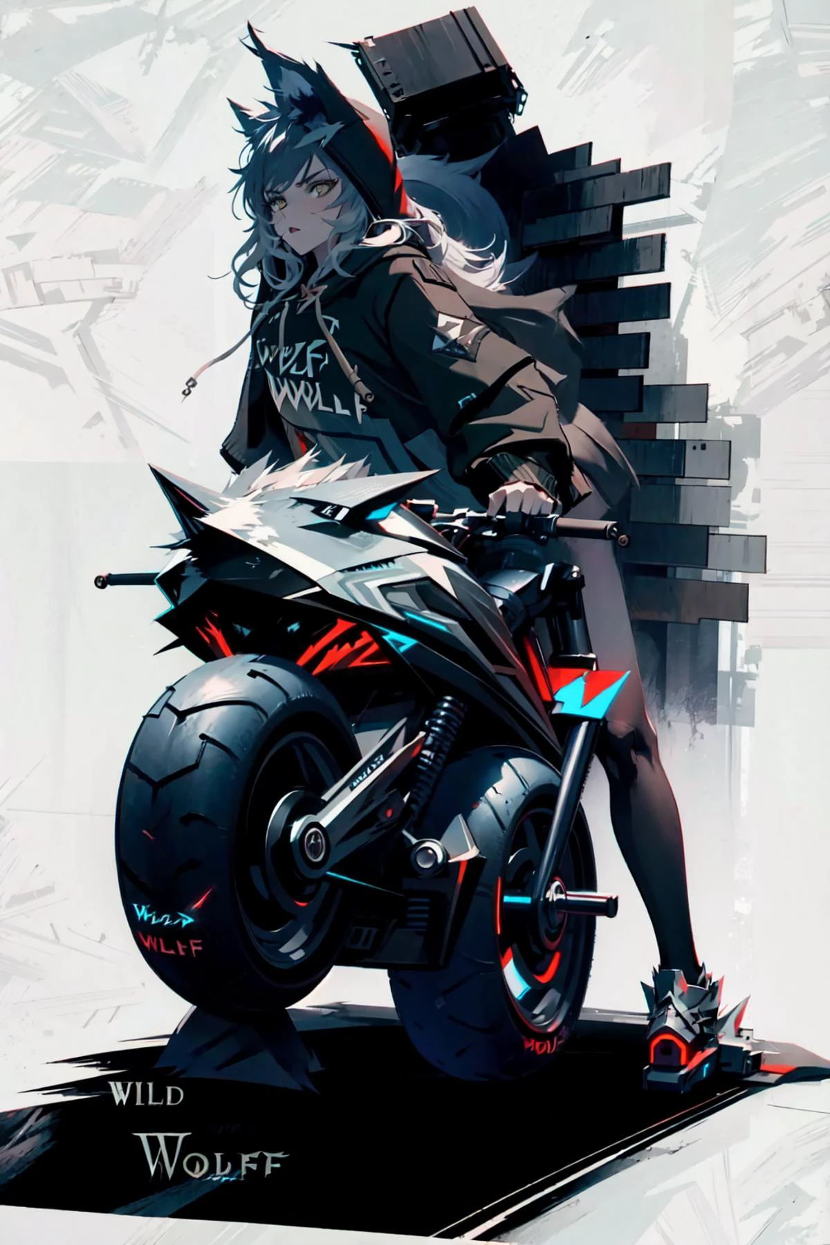 <lora:edgFantasyHoodies:1> edgFD,(wild wolf theme design hoodie,wild wolf theme hoodie:2) , fantasy_dress, edgFD_hoodie,
(1girl,tall,riding motorcycle:1.5),
<lora:zzfutbikzz_v1:0.9> zzfutbikzz, motorcycle