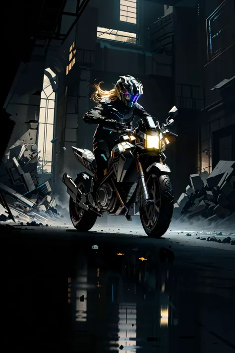 <lora:zzfutbikzz_v1:1> zzfutbikzz
masterpiece, highly detailed photorealistic 8k raw photo, best cinematic quality, volumetric lighting and shadows,perfect reflection,
ultra high res,action line,
metallic black, glowing, metallic, human on motorcycle,(Fisheye-shot:1.2)
(ruins background:1.2) <lora:chirmeraL-SF:0.8>