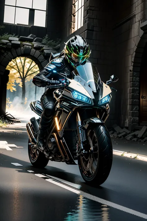 <lora:zzfutbikzz_v1:0.8> zzfutbikzz,(motorcycle bending,motion blurred background,:1.1),
masterpiece, highly detailed photorealistic 8k raw photo, best cinematic quality, volumetric lighting and shadows,perfect reflection,motion trail,moving at high speed,
ultra high res,action line,
metallic black, glowing, metallic, human on motorcycle,(Fisheye-shot,dynamic angle,:1.2),
(ruins background,night,:1.2) <lora:chirmeraL-SF:0.6>