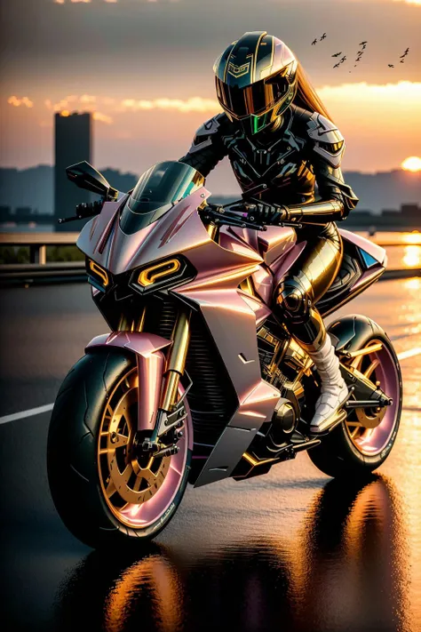 <lora:zzfutbikzz_v1:1> zzfutbikzz
masterpiece, highly detailed photorealistic 8k raw photo, best cinematic quality, volumetric lighting and shadows, sunday lighting
1girl on metallic Pearl Pink motorcycle, glowing, metallic, human on motorcycle, mecha style, reflective, (Birdâs-eye view:1.2)
(sunset background:1.2)