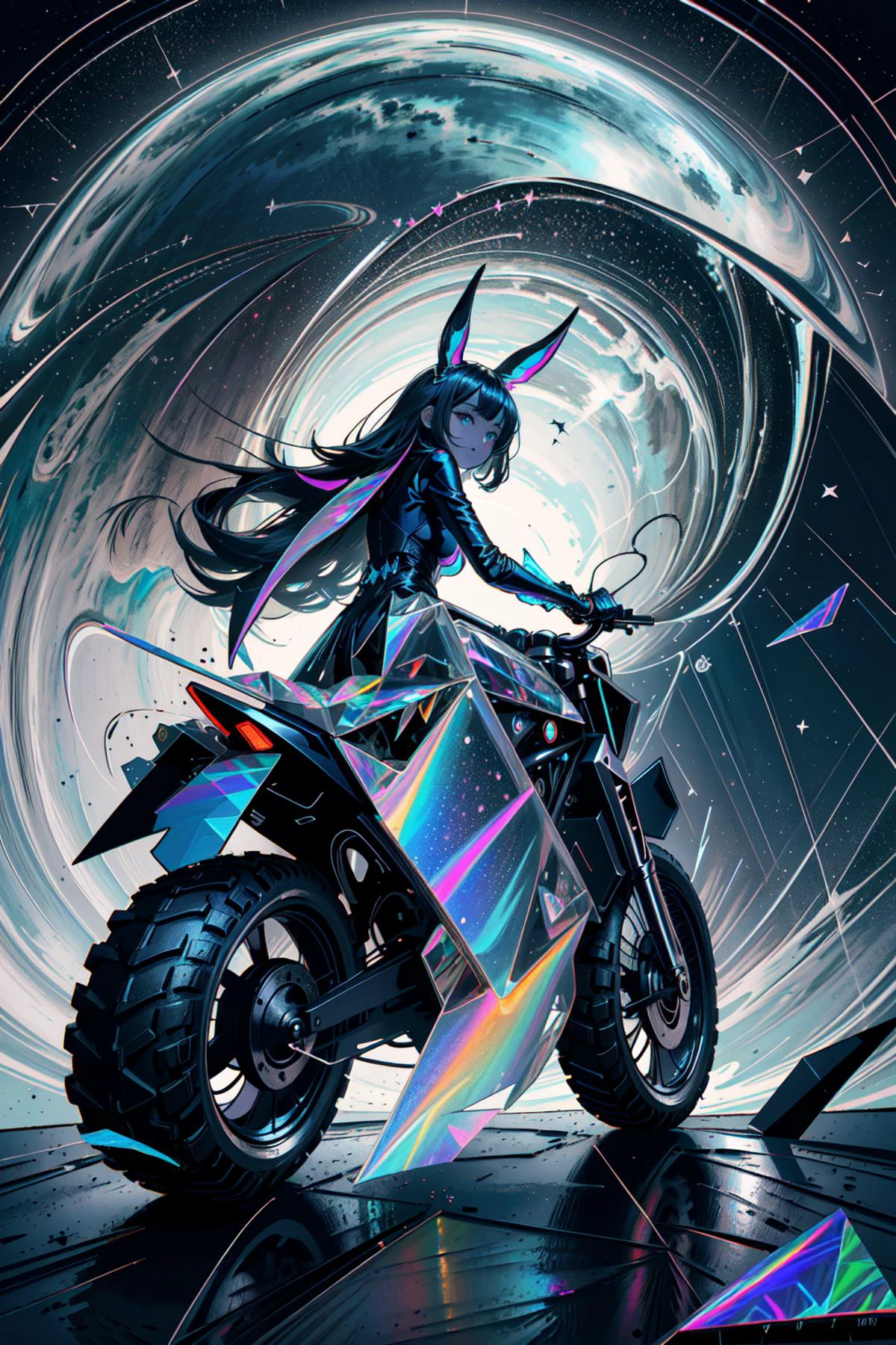 (dynamic angle,from below,:1.3),(flat papercut style:1.4),,flowing colorful ink,cross the stars, blackhole, clean cuts, paper, sharp edges, minimalist, color block,
<lora:RingArt_Sora:0.2> Ring,
<lora:holov7:0.8> 1 girl,witch,rabbit theme,riding a giant heavy motorcycle ,holographic, holographic clothing,
<lora:zzfutbikzz_v1:0.5> zzfutbikzz <lora:chirmeraL-SF:0.3> <lora:glass_crack_effects:0.3> <lora:Gloomifier_V2_TheGlow:0.45> <lora:hairdetailer:0.8>