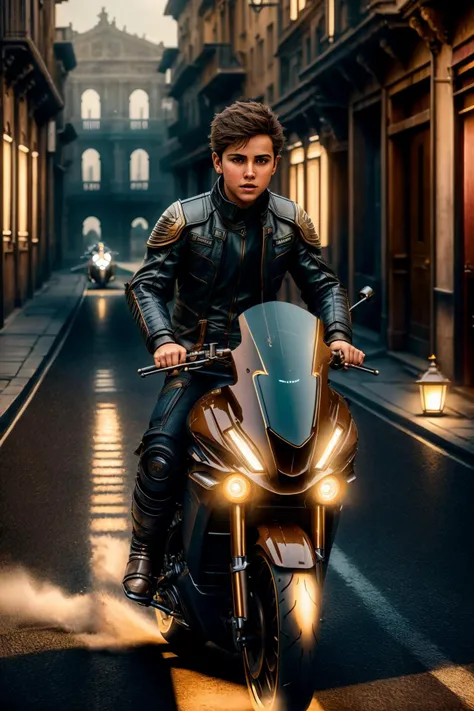 masterpiece, photorealistic highly detailed 8k photography, best cinematic quality, volumetric lighting, volumetric shadows, <lora:FutureSuperBike_v3-000009:1> short hair light brown boy riding Bright Navy ftsbk, feeling of speed, Winding Canals of an Ancient City background, Close-up