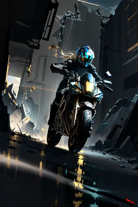 <lora:zzfutbikzz_v1:1> zzfutbikzz,
masterpiece, highly detailed photorealistic 8k raw photo, best cinematic quality, volumetric lighting and shadows,perfect reflection,motion trail,moving at high speed,
ultra high res,action line,
metallic black, glowing, metallic, human on motorcycle,(Fisheye-shot,dynamic angle,:1.2),
(ruins background,night,:1.2) <lora:chirmeraL-SF:0.8>