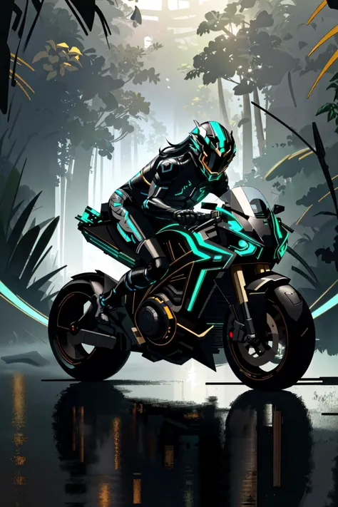 <lora:zzfutbikzz_v1:1> zzfutbikzz
masterpiece, highly detailed photorealistic 8k raw photo, best cinematic quality, volumetric lighting and shadows,perfect reflection,
ultra high res,action line,
metallic black, glowing, metallic, human on motorcycle,(Fisheye-shot:1.2)
(jungle background:1.2)