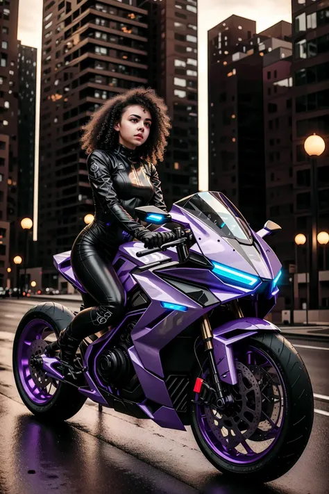 <lora:LoHa_SuperBikeV2:0.7>
masterpiece, highly detailed photorealistic 8k raw photo, best cinematic quality, volumetric lighting and shadows, 1girl on Advent Purple sprbk, futuristic cityscape, Establishing shot