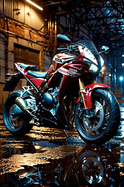 best quality, masterpiece, high resolution photo, ultra detailed, 16K, 8K, intricate details, lialistic, (perfection lighting:1.6), (cinematic lighting:0.4),
Motorcycle,(HONDA CBR650R),(Only one), perfect details, Mecha, large rear hoil,
Background,(dilapidated abandoned factory),(late night),(puddle on the road), <lora:FutureSuperBike_v3-000009:0.8>