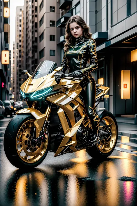 <lora:LoHa_SuperBikeV2:0.7>
masterpiece, highly detailed photorealistic 8k raw photo, best cinematic quality, volumetric lighting and shadows, 1girl on Golden Yellow sprbk, futuristic cityscape, tilt-shift shot