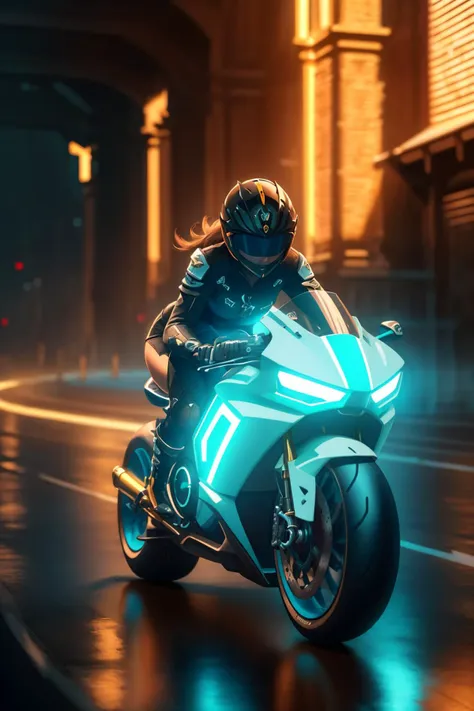 (extremely detailed CG Unity 8k wallpaper:1.1), epic composition, highly detailed background, nsfw, cyberpunk, cyberpunk city, futuristic motorcycle driving, action shot, blur, sharp on target, volumetric lighting, golden hour, rim lighting, woman rider, cat head helmet, sexy, busty, skin tight leather, flowing red hair