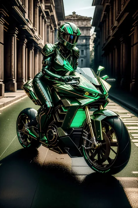 <lora:zzfutbikzz_v1:1> zzfutbikzz
masterpiece, highly detailed photorealistic 8k raw photo, best cinematic quality, volumetric lighting and shadows, sunday lighting
1girl on metallic Military Green motorcycle, glowing, metallic, human on motorcycle, mecha style, reflective, (Full shot:1.2)
(roman city background:1.2)