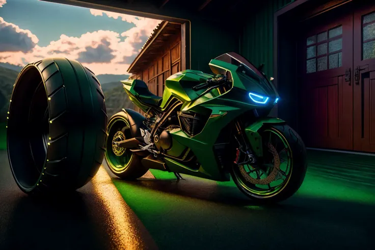 <lora:FutureSuperBike_v3-000009:1> masterpiece, photorealistic highly detailed 8k photography, best cinematic quality, volumetric lighting, volumetric shadows, Green Screen Color ftsbk, neon lighting, Rustic Barns in Countryside background, Extreme close-up