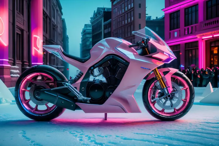 <lora:FutureSuperBike_v3-000009:1> masterpiece, photorealistic highly detailed 8k photography, best cinematic quality, volumetric lighting, volumetric shadows, Champagne Pink ftsbk, neon lighting, Ice Sculpture Festivals at Night background, Full shot