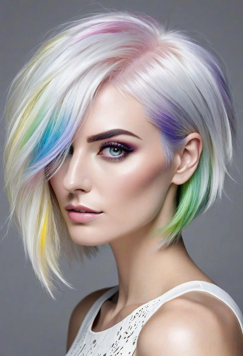 "Iridescent White Rainbow Hair Portrait" - Envision a striking image highlighting (short hair predominantly white, subtly infused with a spectrum of rainbow hues:1.0). The white serves as a canvas, with the colors appearing as delicate, iridescent whispers along each strand, creating a unique and captivating hairstyle that combines simplicity with a splash of vibrant color.