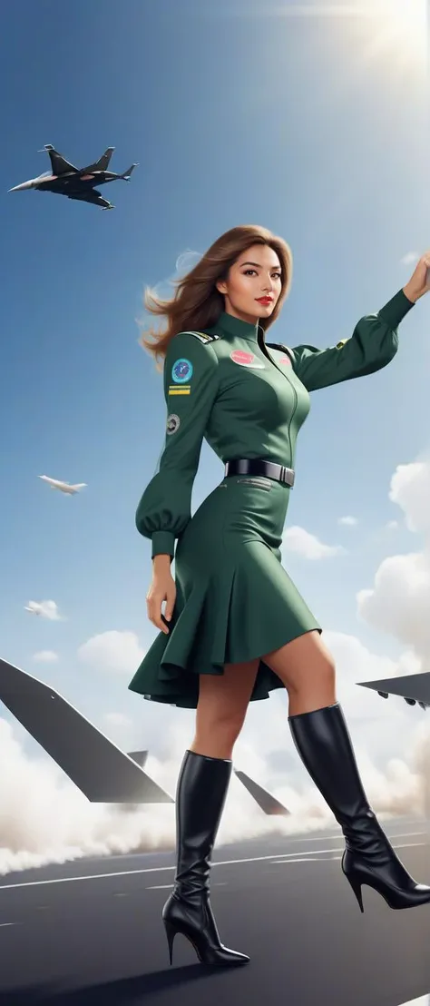 A beautiful Dreampop girl, wearing Puff-sleeve blouse with a tiered mini skirt, (Supersonic Jet Flying (piloting fighter jets at speeds exceeding the sound barrier):1.3) UHD, 4k, cinematic