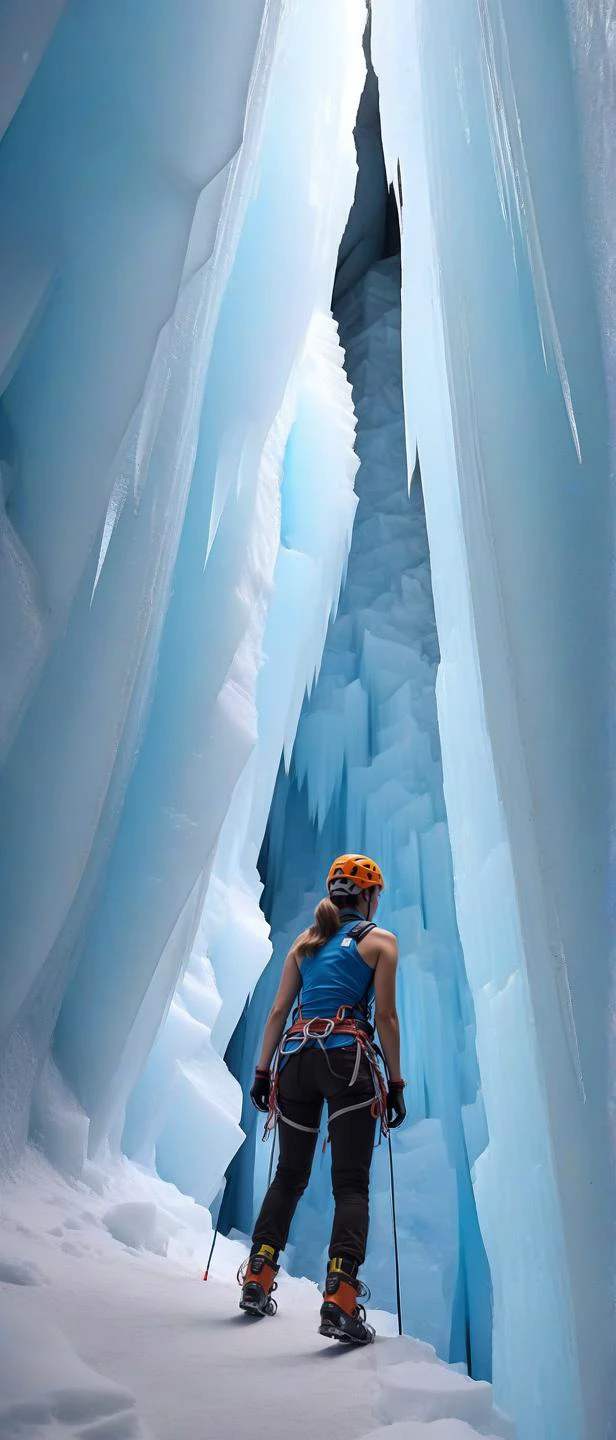 A beautiful Stoner Rock girl, wearing Frilled off-shoulder top with high-rise jeans, (Long-Distance Ice Climbing (covering extensive ice walls or glaciers):1.3) UHD, 4k, cinematic