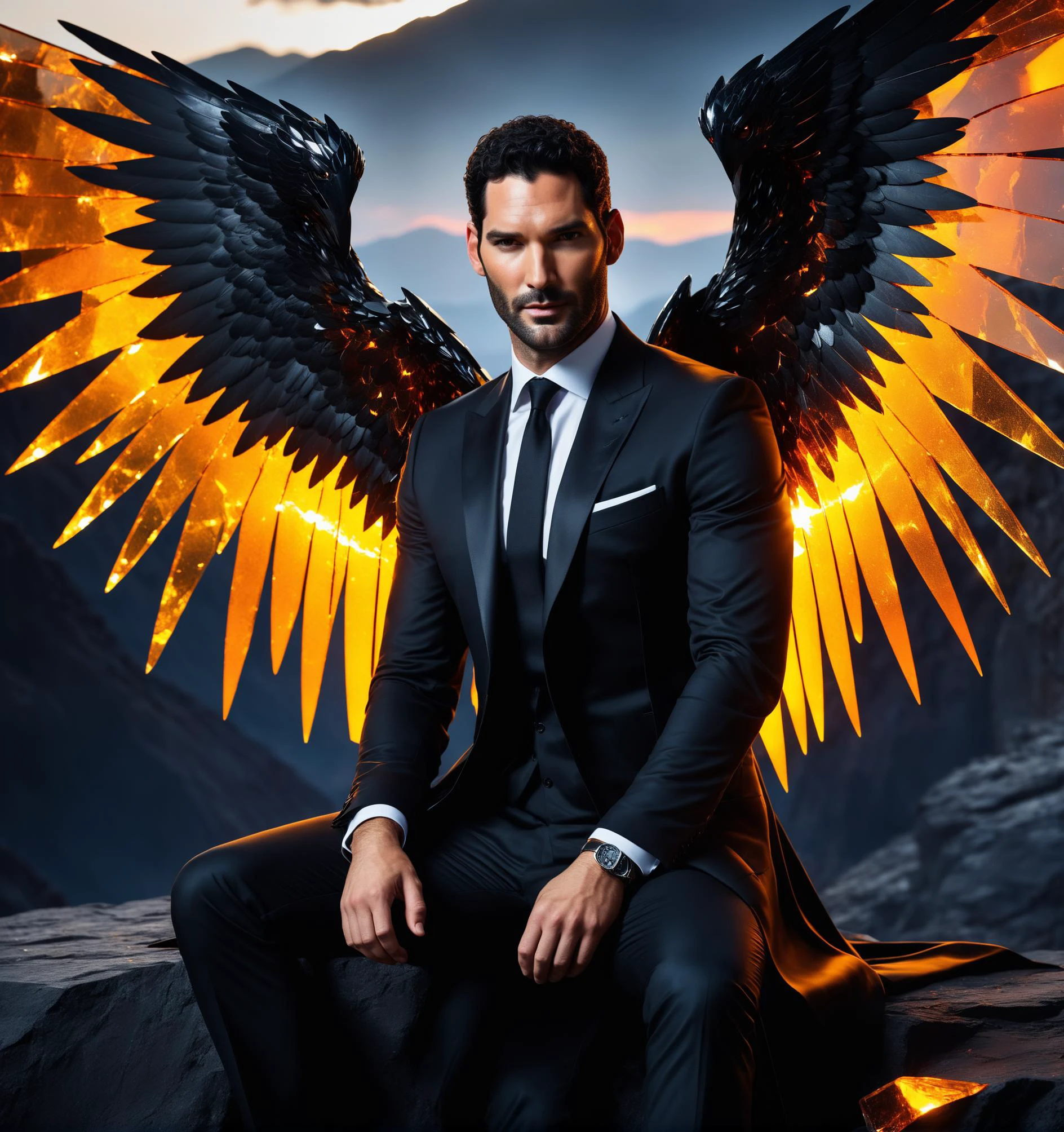 epic insane detailed photo shot of a dark angel (Tom Ellis) in a black silk business suitewith a huge black glass wings at dark night, he sits on the edge of a cliff, with a view of hell burning with hellfire, focus on a wings, detailed skin, detailed eyes, glowing yellow eyes, realistic, realism pushed to the extreme, attractive, provocative, glass,crack,broken glass,shards, electric waves, amber light, dynamic pose, HDR, vibrant colors, Made_of_pieces_broken_glass, <lora:Made_of_pieces_broken_glass-000001:0.6>, dark shot:1.17, perfectly drawing hand