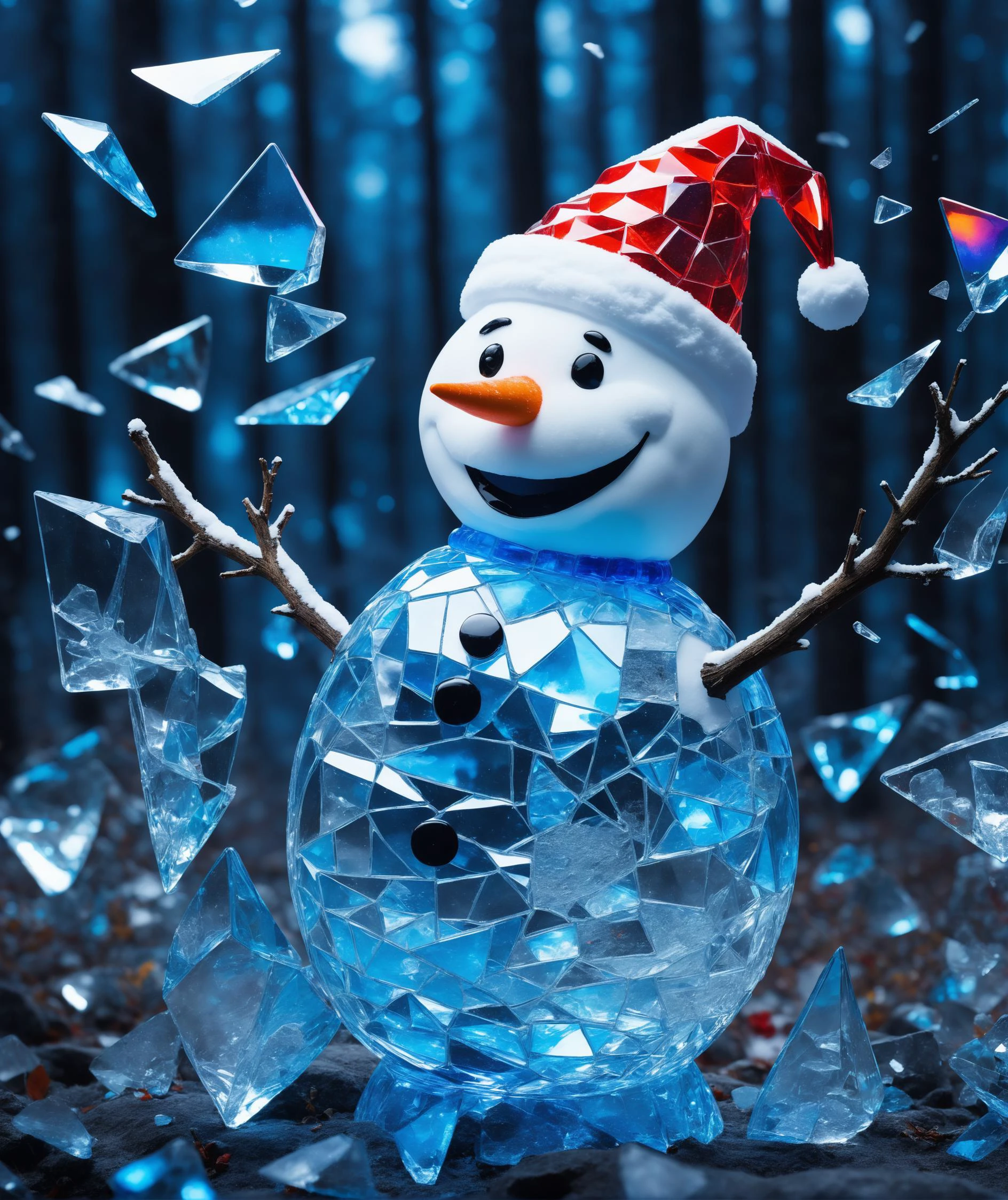 Psychedelic style, long exposure shot, Made_of_pieces_broken_glass transparent sculpture of a Snowman with santa hat, focus on a Snowman, glass,crack,broken glass, cold blue colors, electric waves, magic atmosphere, (perfectly drawing hands), at the night magic forest, dynamic pose, detailed face, Vibrant colors, swirling patterns, abstract forms, surreal, trippy, Made_of_pieces_broken_glass, shards, broken glass, craked glass, <lora:Made_of_pieces_broken_glass-000001:0.5>, dark shot:1.17