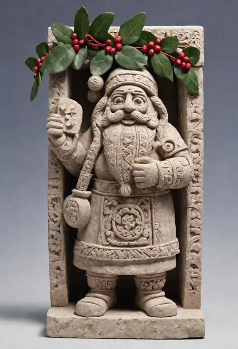 Santa Claus Mayan Stone Sculpture, decorated with mistletoe