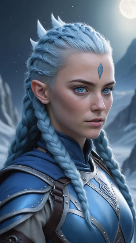 a beautiful eldritch knight elven woman, elf ears, full plate armor decorated with sapphire gemstones, blue doublet, blue cloak, white blue Mohawk haircut with braids, glowing light blue eyes, polar landscape, headshot, <lora:Elf_Ears-000009:0.5>