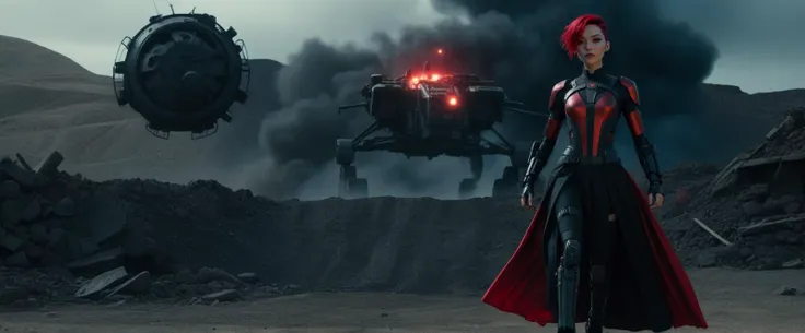 [(36-year-old Cyberpunk girl:1.2) (Gothic-style black and red one-piece with a full skirt and lace detailing)], [(explosive escape from a minefield in a war-torn landscape, with characters navigating through danger with every step:1.3)], pixar