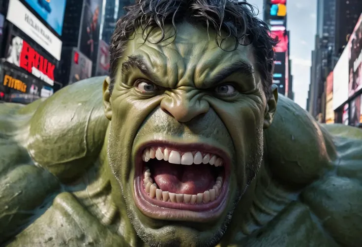 fish-eye close up portrait, Hulk screaming, hyperrealism, intricate, masterpiece, 8k, sharp, high detail, Dramatic light, shadow, contrast, background New York Times Square,