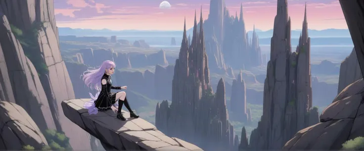 [(36-year-old Pastel Goth girl:1.2) (Cathedral window print one-piece with stained glass motifs and fitted bodice)], [(thrilling glider chase through towering rock formations, with characters maneuvering dangerously close to the rocky spires:1.3)], anime