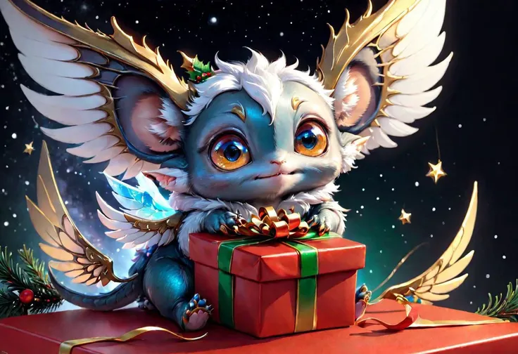 hyper detailed masterpiece, dynamic, awesome quality, 
__characters/magical-beings/mausebaer/prompt__ , receiving a christmas present, 
critterz, cute, wings, critter, Fantastical realism