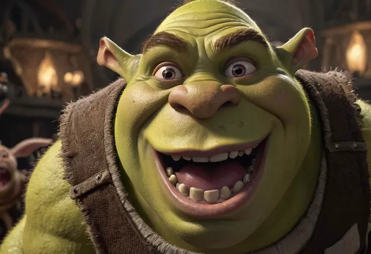 fish-eye close up portrait, Shrek screaming, hands up, hyperrealism, intricate, masterpiece, 8k, sharp, high detail, Dramatic light, shadow, contrast, background chocolate factory,