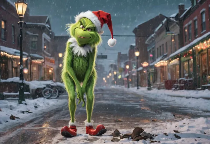 raw photography, the grinch, malicious laugh, slim body, green hair, long legs, big feet, walking exaggeratedly ridiculous, wearing a xmas hat, highly detailed hair, hyperrealism, intricate, masterpiece, 8k, sharp, high detail, Pose, background a typical xmas town, snowy, falling snow, snow over body, sunset daylight, debris, grass, xmas gifts, xmas tree, xmas lights,