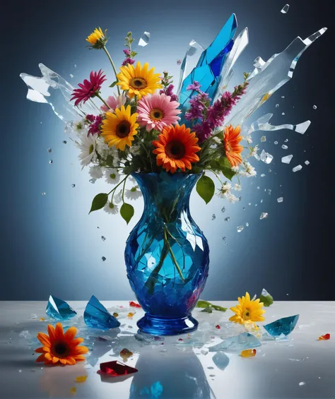 epic insane detailed long exposure photo shot, dramatic shot, Made_of_pieces_broken_glass transparent sculpture of a broken glass vase , focus on a vase, bouquet of flowers in a vase, spilled water on the table, glass,crack,broken glass, vibrant colors, Made_of_pieces_broken_glass, <lora:Made_of_pieces_broken_glass-000001:0.5>, Vibrant colors, abstract forms, surreal, trippy