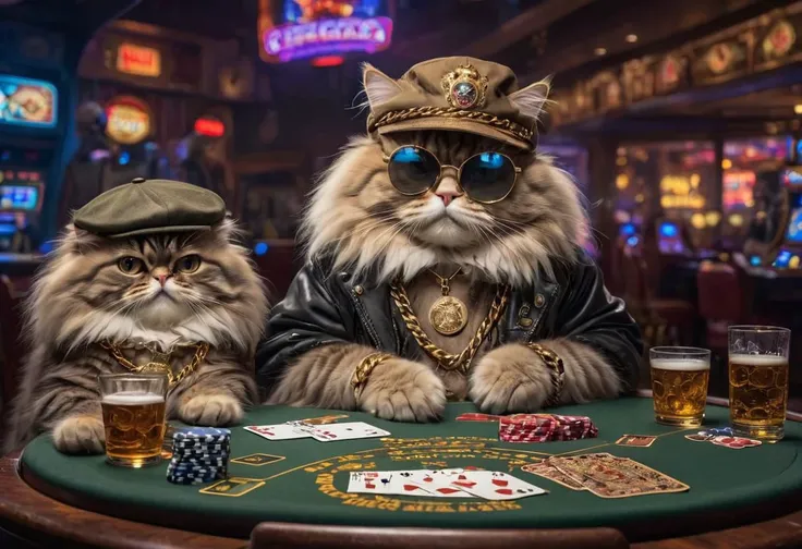 raw photography, though Cats playing cards, wearing huge gold chains, poker table, persian Cat on the left wearing sunglasses, Cat on the right wearing a cap, highly detailed hair, hyperrealism, intricate, masterpiece, 8k, sharp, high detail, beers on the table, background casino, neon lights, tobacco, soft light,