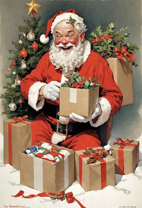 Photo of a happy Santa Claus holding a pair of socks, open boxes, wrappings all round, Christmas Trees and Mistletoe decorations. art by Norman Rockwell.