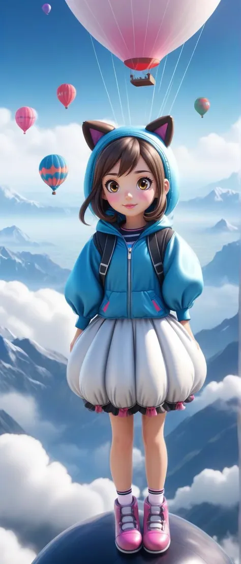 A beautiful Yami Kawaii girl, wearing Cute animal ear hoodie with a bubble skirt, (High-Altitude, Long-Distance Ballooning (covering vast distances at high altitudes):1.3) UHD, 4k, cinematic