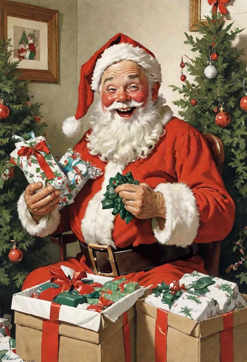 Photo of a happy Santa Claus holding a pair of socks, open boxes, wrappings all round, Christmas Trees and Mistletoe decorations. art by Norman Rockwell.