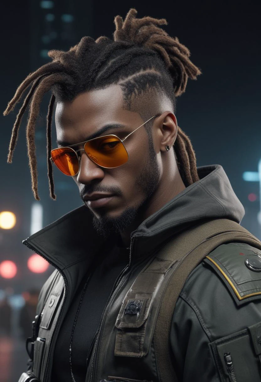 "High-Resolution Cyberpunk Soldier Portrait" - Picture a super high-resolution, 16K photo of a 23-year-old Afro-American man, styled in a cyberpunk theme. He's part of a team known as "Os Corvos," dressed in military camouflage attire. The photo captures his (photorealistic:1.2) features, enhanced by cinematic lighting. He sports mirrored sunglasses, adding a futuristic edge to his look, and his hair is styled in dreads, embodying the cyberpunk 2020 aesthetic. The image is a blend of modernity and gritty futurism, presenting a compelling and realistic portrayal of a black man with rasta hair in a high-tech, dystopian world.