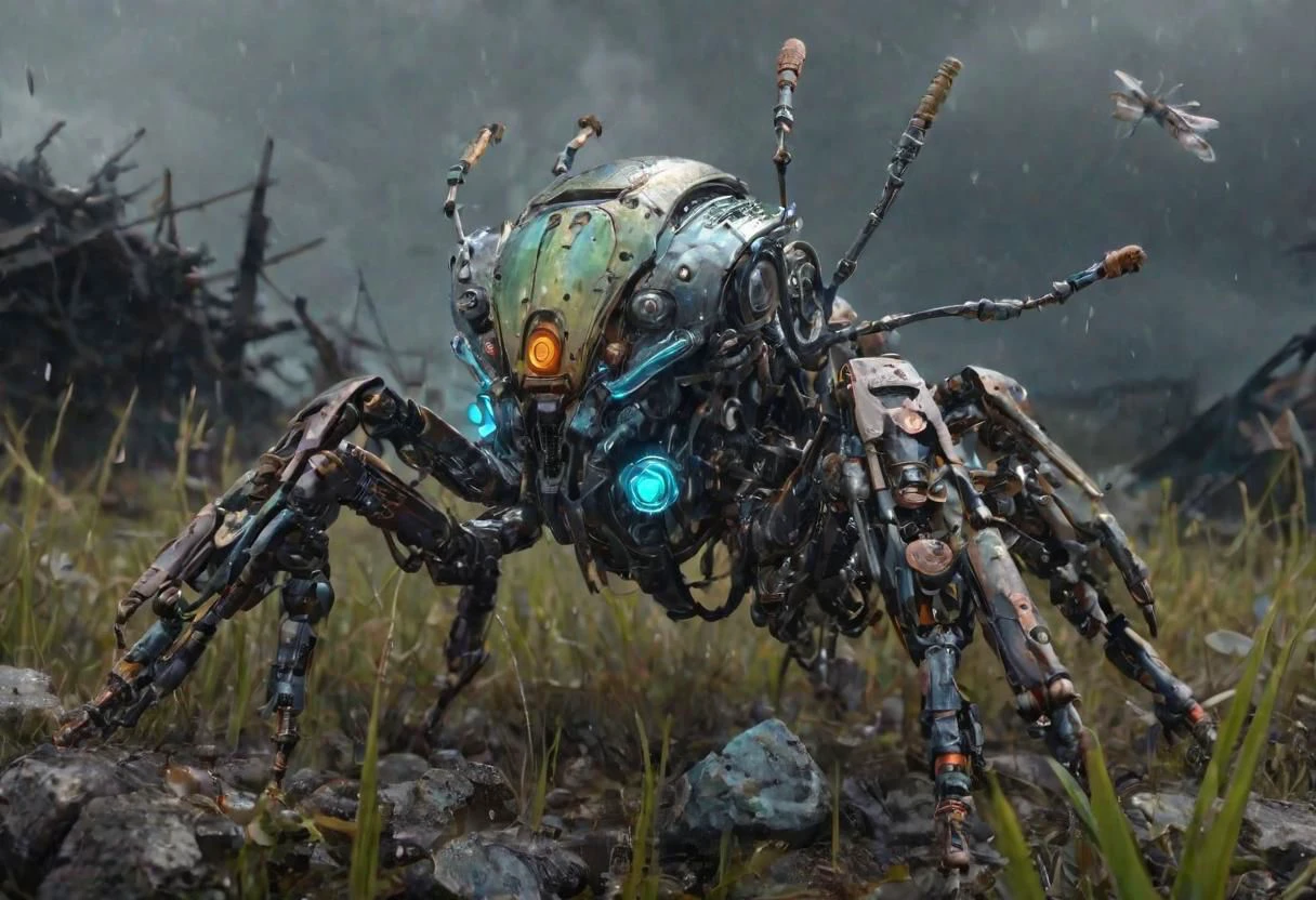 full body, futuristic random metalic color insect robot 3d, many mechanical parts, many parts, rusty , glitters, rocks, grass, sparks, tubes, cables, clouds, smoke, hd, 4k, masterpiece in storm rain fog by Android Jones, Jean Baptiste monge, Alberto Seveso, James Jean, Jeremy Mann, highly detailed and intricate professional photography, a masterpiece, trending 8k resolution concept art on Artstation, triadic colors, Unreal Engine 5 cg society octane photography<lora:xl_more_art-full_v1:0.5>