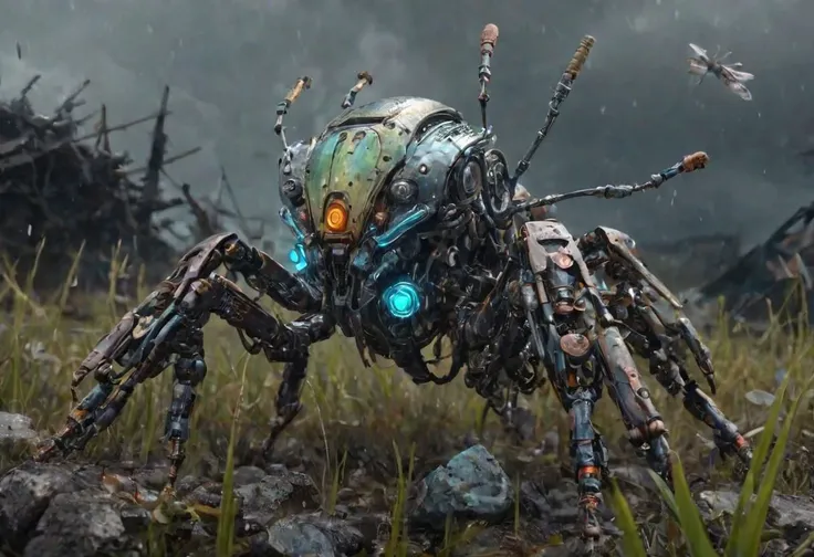 full body, futuristic random metalic color insect robot 3d, many mechanical parts, many parts, rusty , glitters, rocks, grass, sparks, tubes, cables, clouds, smoke, hd, 4k, masterpiece in storm rain fog by Android Jones, Jean Baptiste monge, Alberto Seveso, James Jean, Jeremy Mann, highly detailed and intricate professional photography, a masterpiece, trending 8k resolution concept art on Artstation, triadic colors, Unreal Engine 5 cg society octane photography<lora:xl_more_art-full_v1:0.5>