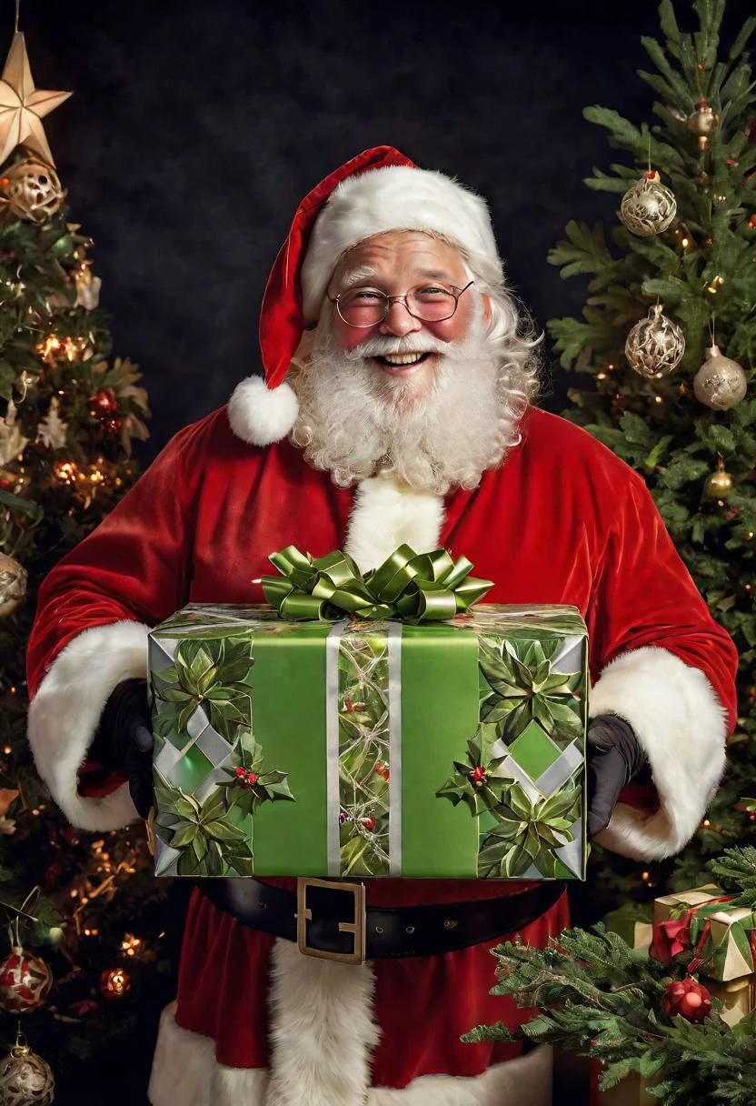 Photo of a happy Santa Claus holding up a Nvidia GPU, open boxes, wrappings all round, Christmas Trees and Mistletoe decorations, art by J.C. Leyendecker, Canon 5d Mark 4, Kodak Ektar, neon light