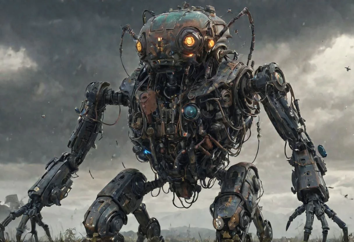 full body, futuristic random metalic color insect robot 3d, many mechanical parts, many parts, rusty , glitters, rocks, grass, sparks, tubes, cables, clouds, smoke, hd, 4k, masterpiece in storm rain fog by Android Jones, Jean Baptiste monge, Alberto Seveso, James Jean, Jeremy Mann, highly detailed and intricate professional photography, a masterpiece, trending 8k resolution concept art on Artstation, triadic colors, Unreal Engine 5 cg society octane photography<lora:xl_more_art-full_v1:0.5>