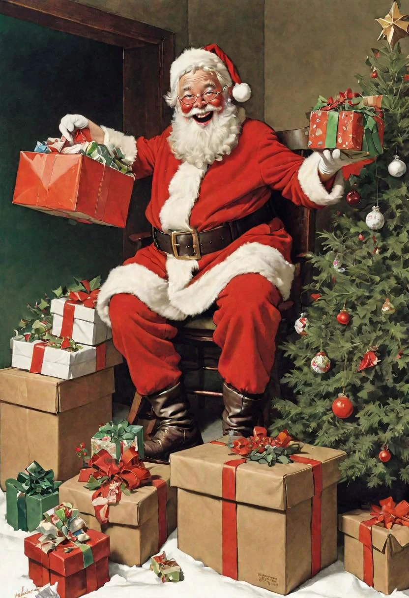 Photo of a happy Santa Claus holding up a christmas socks, open boxes, wrappings all round, Christmas Trees and Mistletoe decorations. art by Norman Rockwell.