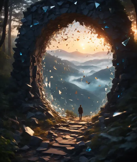 epic insane detailed photo Early morning, sunrise, a picturesque fairy-tale area, a portal to another world standing on a hilltop framed by shards of broken glass, focus on the portal. Through the portal, you can see a dark night forest and a man walking away into the distance, Made_of_pieces_broken_glass solo bird,shards, <lora:Made_of_pieces_broken_glass-000001:0.5>