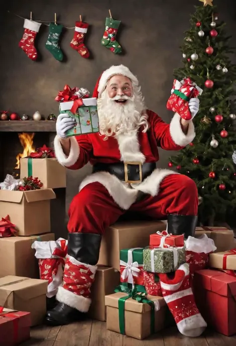 Photo of a happy Santa Claus holding up a christmas socks, open boxes, wrappings all round, Christmas Trees and Mistletoe decorations