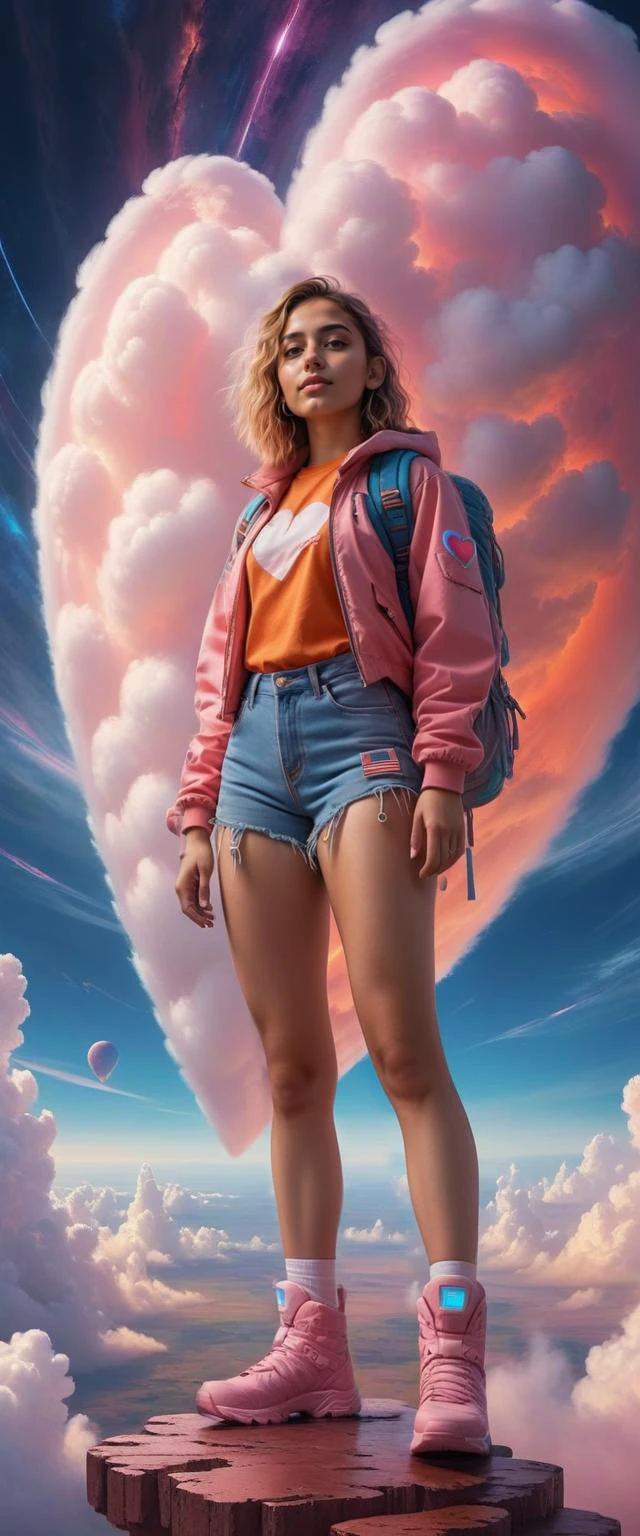 a Adventure Travel Writer 23-year-old Paraguayan girl is standing inside a heart shaped cloud, in the style of photorealistic, cyberpunk manga, portraits, 32k uhd, Galaxy Pink and Tangerine Orange,