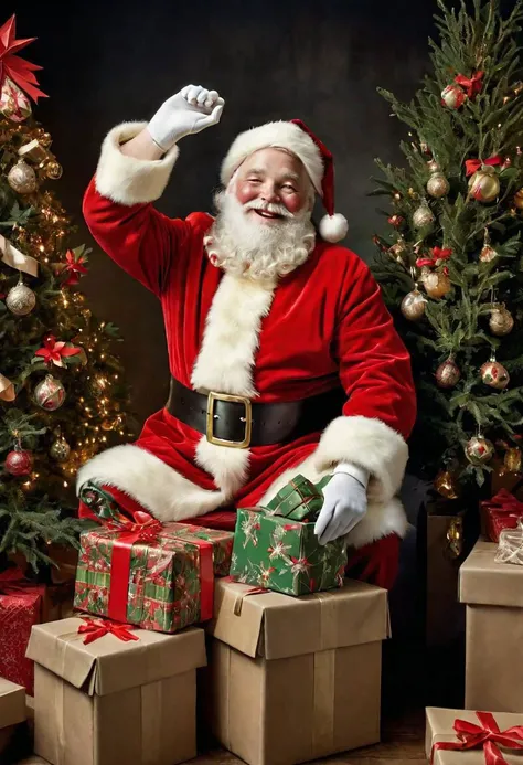 Photo of a happy Santa Claus holding up a christmas socks, open boxes, wrappings all round, Christmas Trees and Mistletoe decorations, art by J.C. Leyendecker, Canon 5d Mark 4, Kodak Ektar, neon light