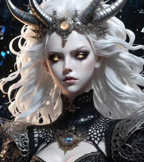 half body shot, 1 girl, (masterful), transparent sculpture of an albino demon girl with lethargic sleepy smokey eyes,(white dreadlocks hair),((slit pupil eyes)),mesh fishnet blouse, (long intricate horns:1.2) , best quality, highest quality, extremely detailed CG unity 8k wallpaper, detailed and intricate, ,steampunk style,Glass Elements, LegendDarkFantasy, <lora:LegendDarkFantasy-000001:0.5>, shards, broken glass, Made_of_pieces_broken_glass, <lora:Made_of_pieces_broken_glass-000001:0.6>, <lora:HDRv1:0.3>,