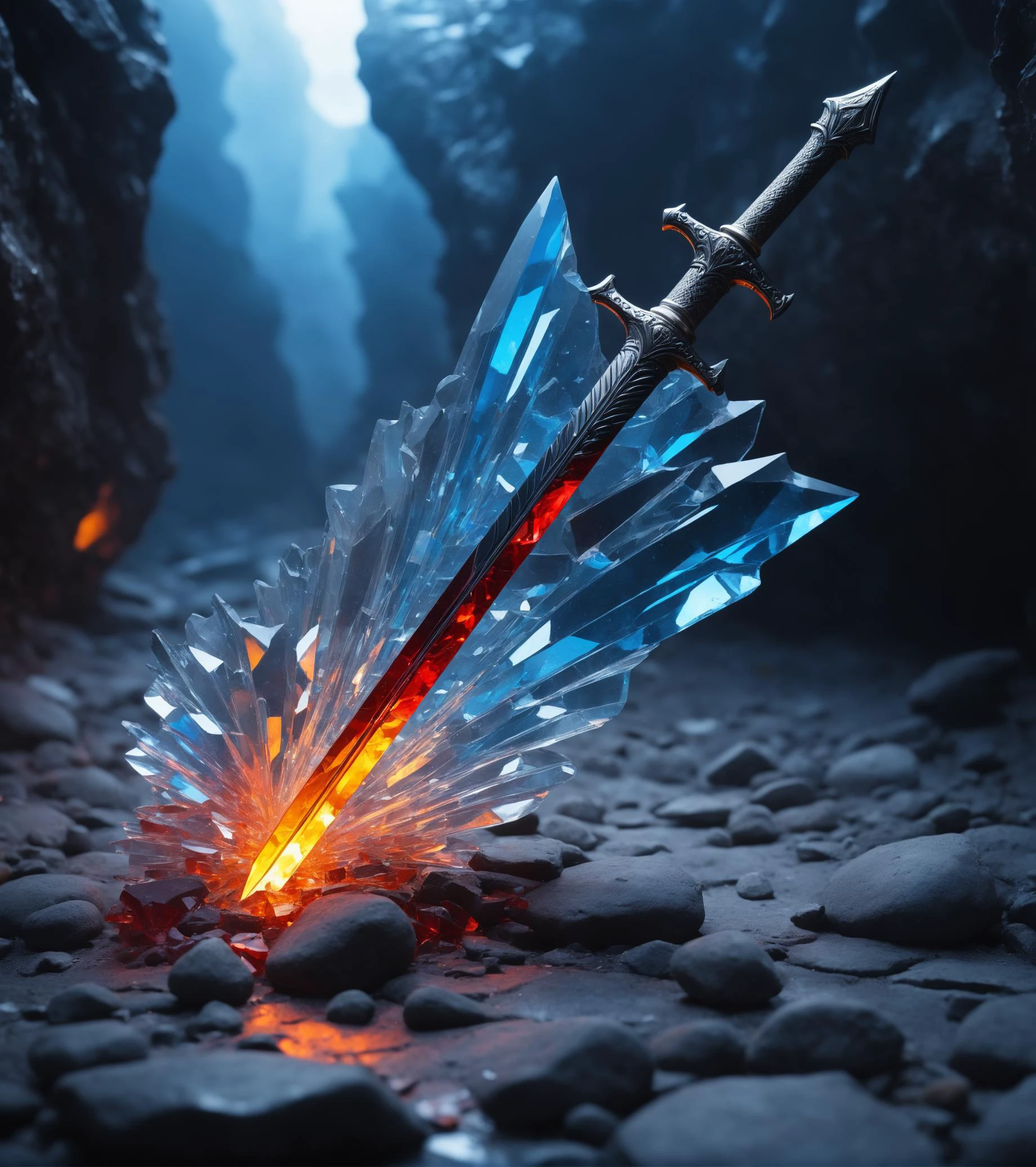 long exposure shot, Made_of_pieces_broken_glass transparent sculpture,King Arthur's sword is stuck in a stone, focus on a sword, glass,crack,broken glass,red, amber, cold blue colors, electric waves, magic atmosphere, <lora:Made_of_pieces_broken_glass-000001:0.8>
