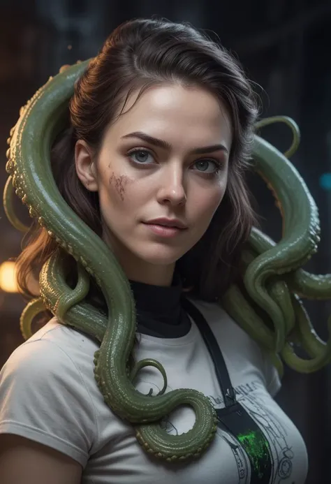 "Cosmic Eldritch Portrait: Photorealistic Cthulhu-Inspired Woman" - Picture a hyper-realistic RAW photo of a woman, blending elements of cosmic horror with enchanting beauty. She is depicted with an essence of the elder god Cthulhu, intertwining the Great Old Ones' themes with a cinematic, modern portrait. The high-res image, shot in 8K, showcases her against a universe-like, space-themed backdrop, creating a crazy, high-energy scene. The woman's round eyes and short, messy hair are captured in sharp focus, framed by the soft, natural lighting of an outdoor setting. Her skin texture, including chapped lips, is rendered in exquisite detail with an 85mm lens. She wears a simple white t-shirt, contrasting her otherwise magical and dramatic appearance. The composition is intimate and ultra-detailed, enhanced by Cinestill 800T film and front lighting. Her open, smiling mouth and athletic build contribute to the masterpiece's elegance and beauty. Her face, with beautiful light gray eyes and a pure, innocent expression, is highlighted by intricate details and volumetric lighting. Additionally, elements of rainbow paint splatter and neon drops add a vibrant, otherworldly touch to the portrait, creating a visually stunning, 21st-century masterpiece. The photorealism, enhanced by a Fujifilm XT3 camera and Canon 50mm lens, brings this surreal, Cthulhu-inspired concept to life with striking clarity and detail.
