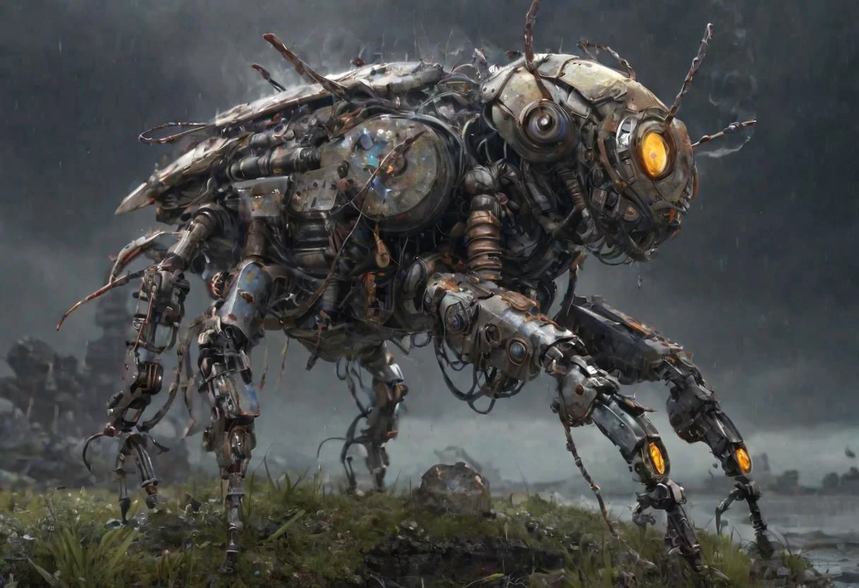 full body, futuristic random metalic color insect robot 3d, many mechanical parts, many parts, rusty , glitters, rocks, grass, sparks, tubes, cables, clouds, smoke, hd, 4k, masterpiece in storm rain fog by Android Jones, Jean Baptiste monge, Alberto Seveso, James Jean, Jeremy Mann, highly detailed and intricate professional photography, a masterpiece, trending 8k resolution concept art on Artstation, triadic colors, Unreal Engine 5 cg society octane photography<lora:xl_more_art-full_v1:0.5>